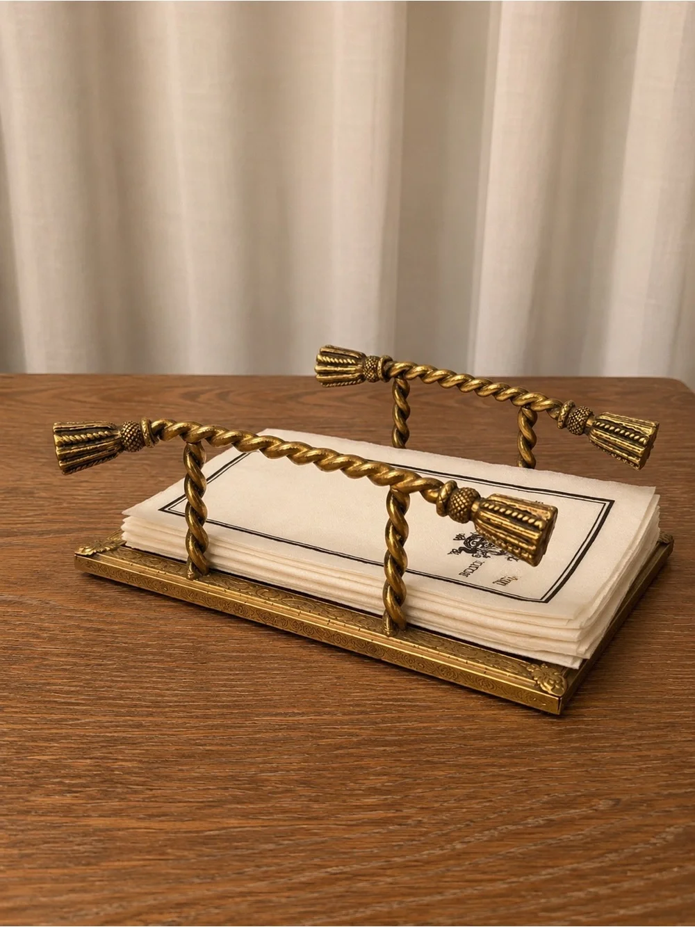 Vintage Brass Napkin Holder Mirrored Tray Tassel Handles Hollywood Regency Decor